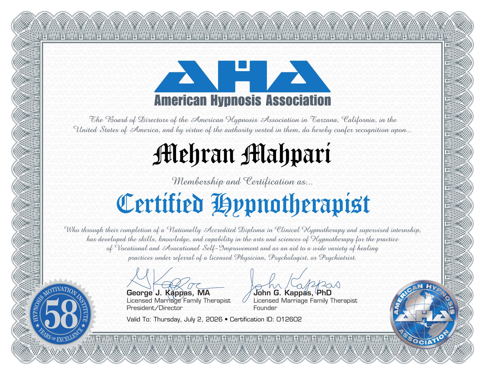 AHA Certified Hypnotherapist certificate