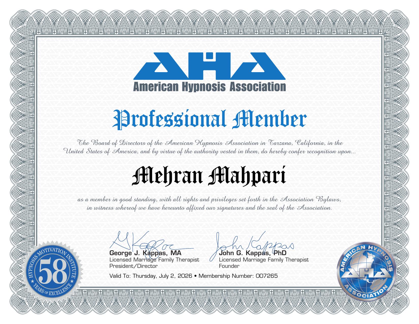 AHA Professional Membership certificate