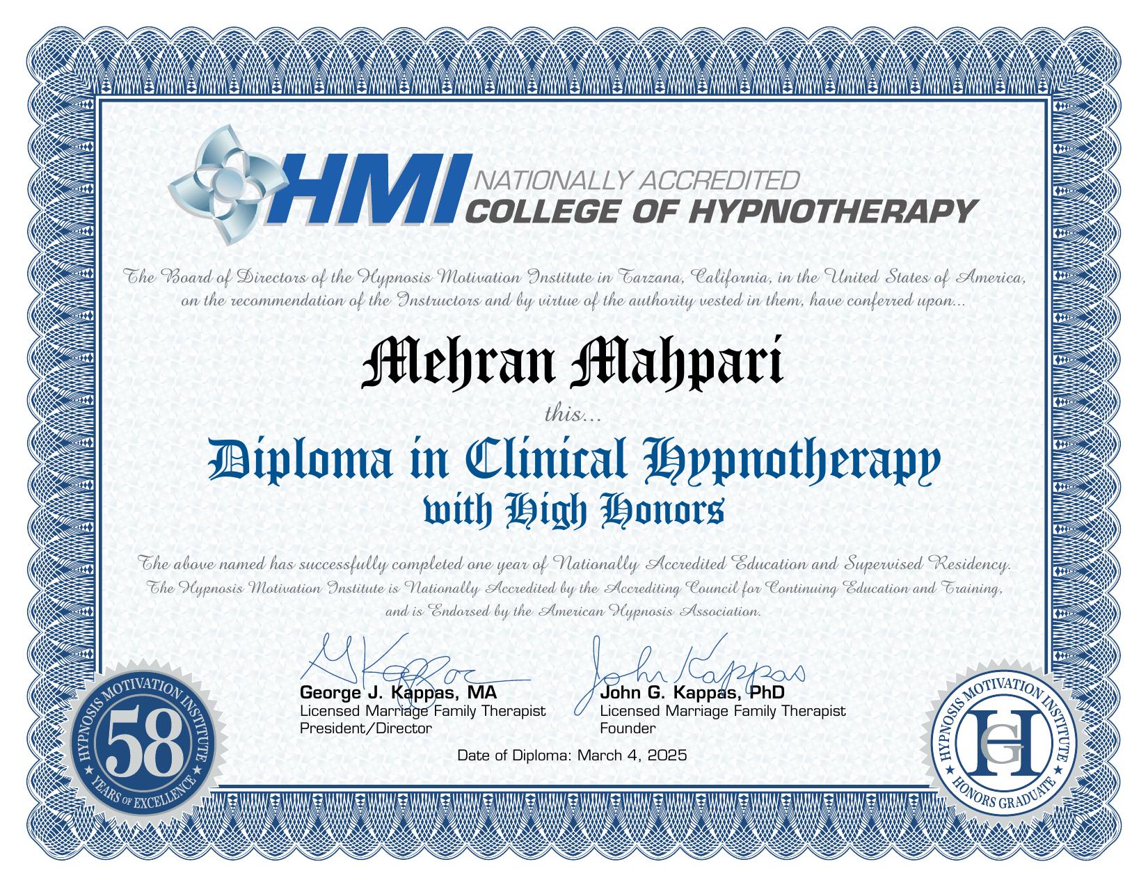HMI Diploma in Clinical Hypnotherapy with High Honors